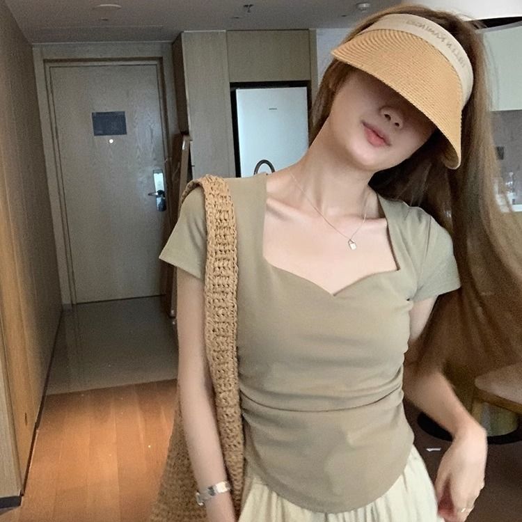 [Peach heart collar pure cotton] short-sleeved T-shirt women's summer pure desire shoulder solid color clavicle top pleated short bottoming shirt