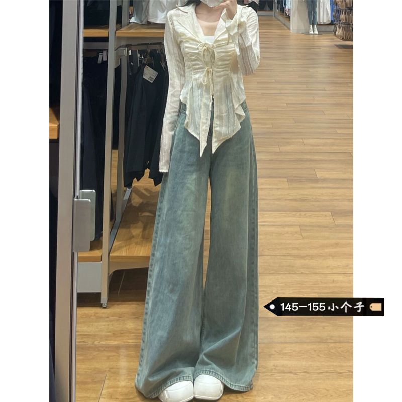 復古高腰垂感闊腿牛仔褲女小個子夏季新款水洗寬鬆顯瘦拖地長褲潮