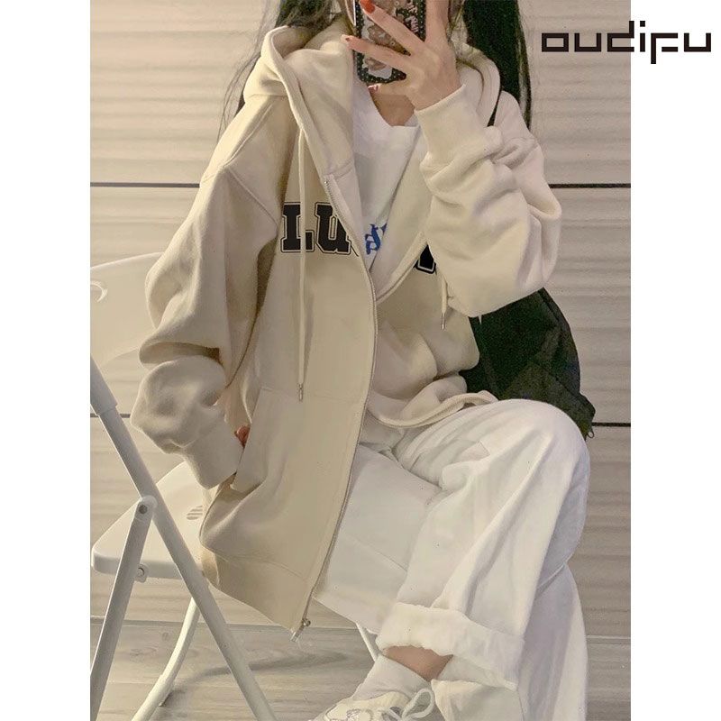 OUDIFU衛衣女春秋季上衣設計感小眾日系寬鬆慵懶風別致外套ins潮