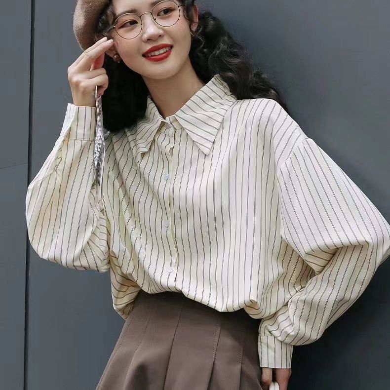 格瑞吉奧條紋防曬襯衫上衣女夏季復古慵懶風寬鬆休閒襯衣外套