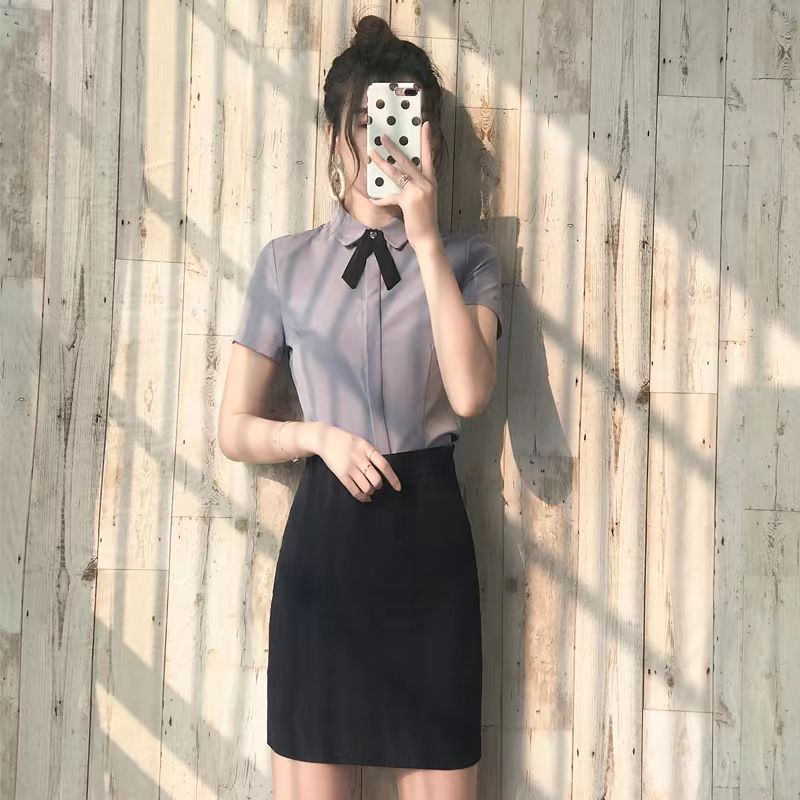 職業裝女套裝套裙2023夏季新款工作服短袖襯衫工裝修身OL襯衣制服