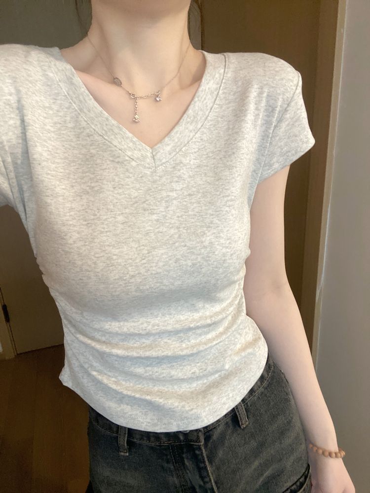[Big V-neck pure cotton] short-sleeved T-shirt women's summer design sense hot girl American retro short top pleated bottoming shirt