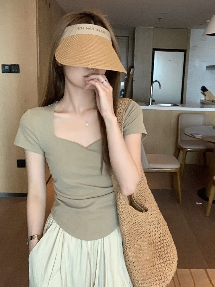 桃心上衣夏季女正肩袖上衣弧形u型領女修身小眾t恤短款純棉打底衫