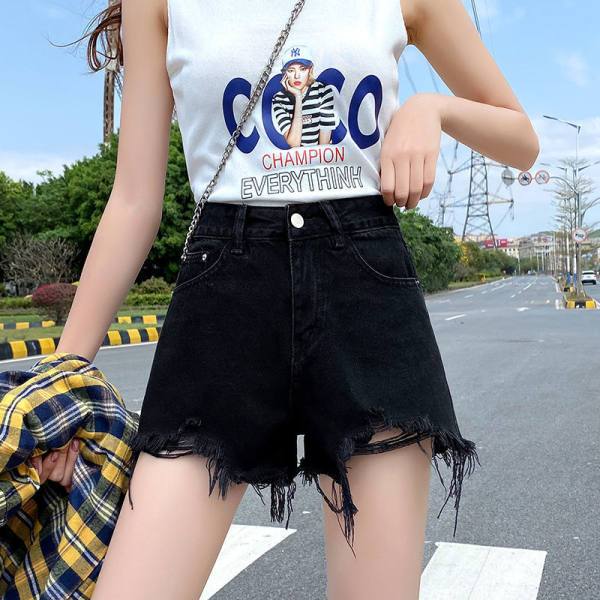 牛仔短褲女夏2023新款韓版寬鬆破洞高腰顯瘦百搭黑色a字撕邊熱褲