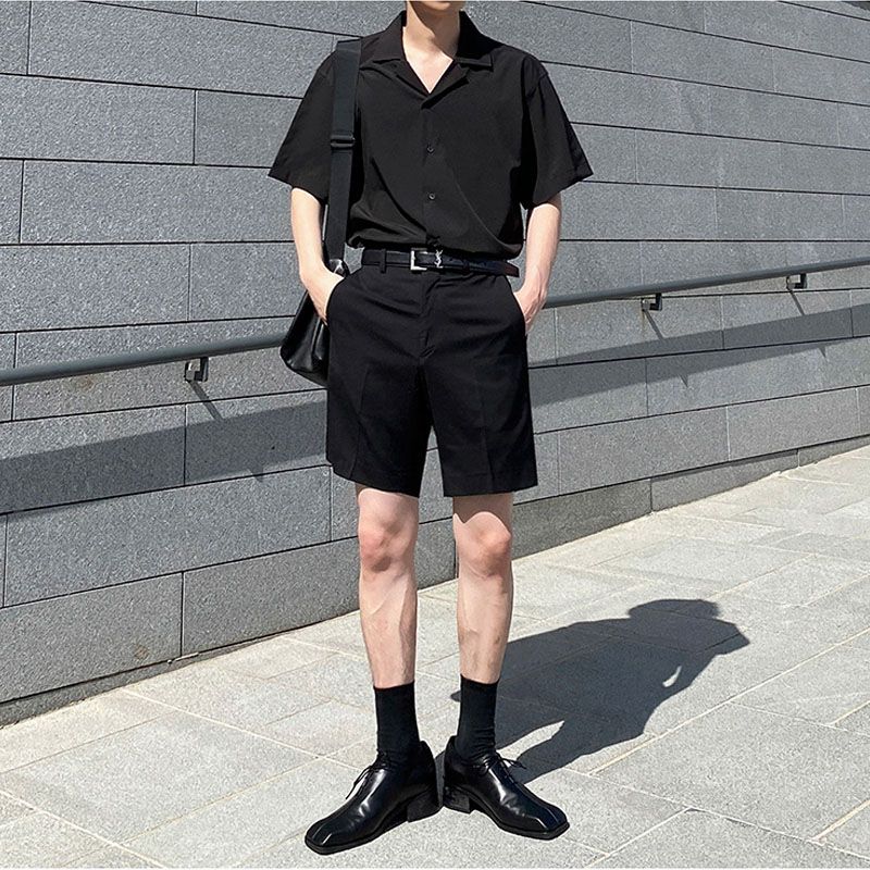 古巴领韩版宽松短袖衬衫男士夏季套装夏天高档5五分薄款黑白短裤