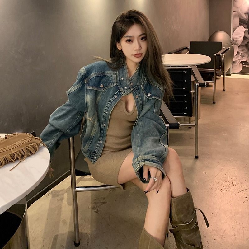 American style short denim jacket Korean style Hong Kong style old jacket women's new loose and thin stand-up collar jacket short top
