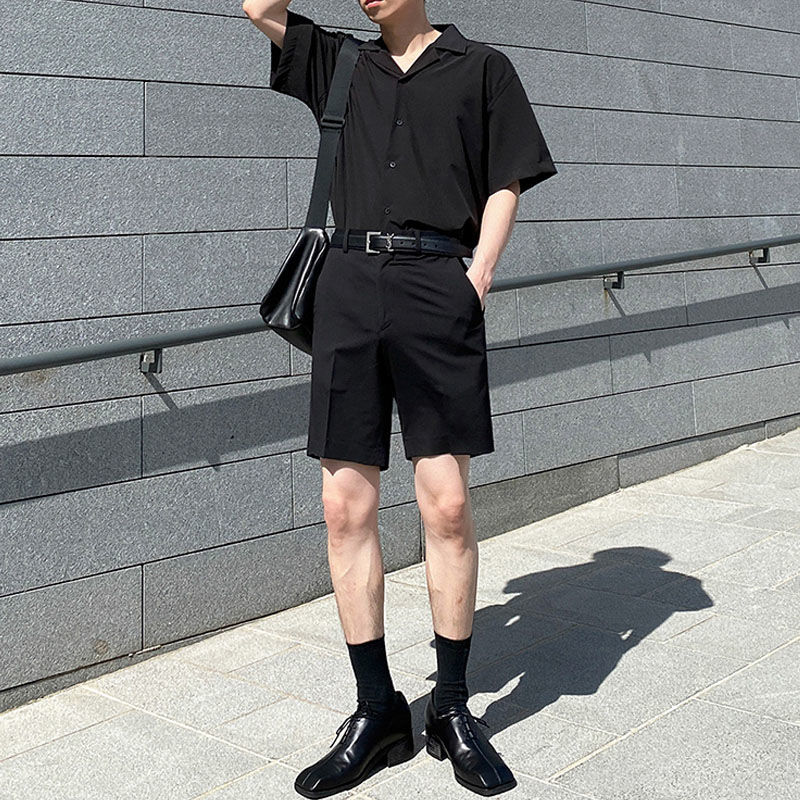 古巴领韩版宽松短袖衬衫男士夏季套装夏天高档5五分薄款黑白短裤