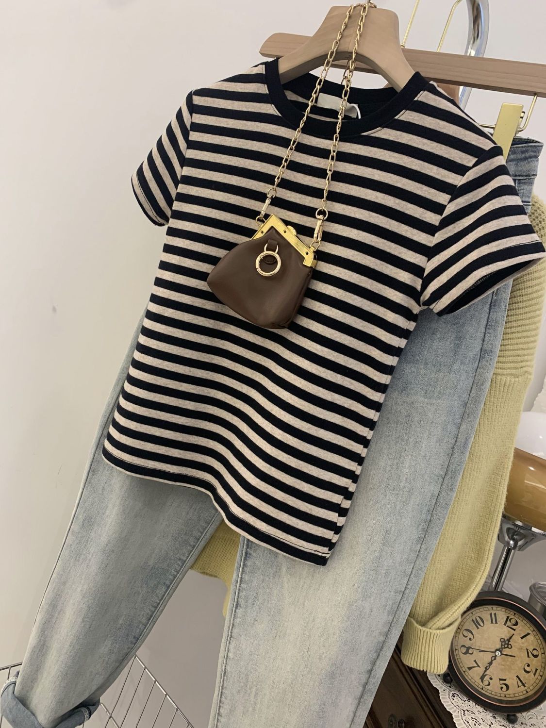 [Striped T-shirt] Cotton short t-shirt women's summer new t-shirt small man short-sleeved top fashion bottoming shirt tide