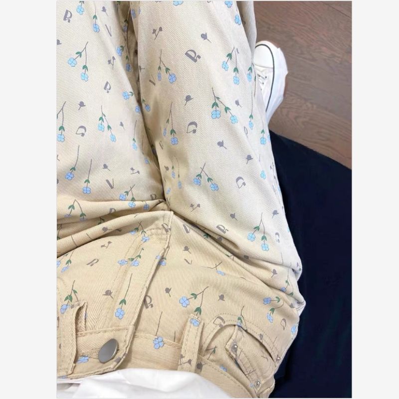 港風chic超好看杏色碎花牛仔褲女夏季寬鬆闊腿休閒百搭直筒長褲潮