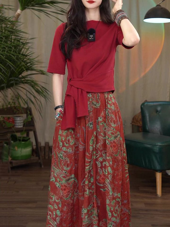 文藝復古套裝女2023夏裝新款設計感系帶收腰顯瘦上衣+印花半身裙
