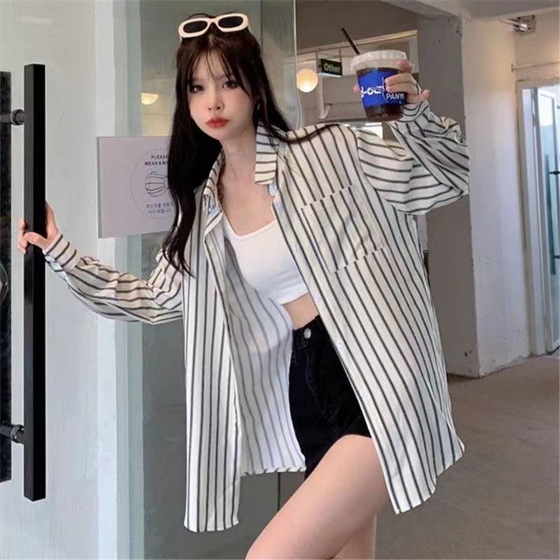 格瑞吉奧夏日度假休閒寬鬆豎條紋襯衫女長袖防曬襯衣春秋外搭開衫