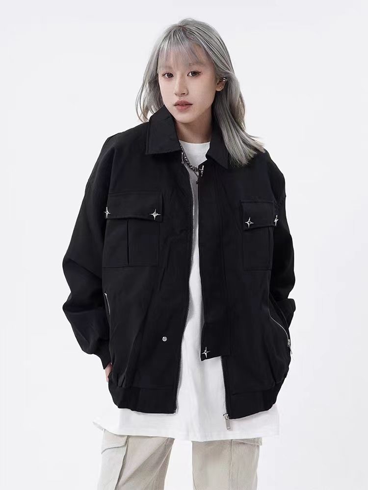 American retro high street black jacket for women spring and autumn new hiphop high-end niche jacket top
