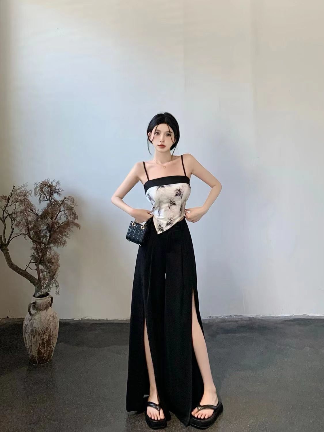 國風清冷漂亮時尚套裝女水墨畫吊帶假裙褲長褲開叉設計夏季兩件套
