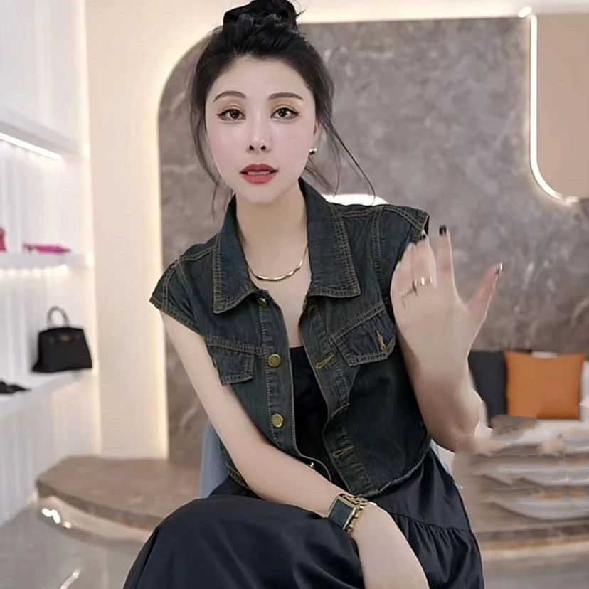 Hong Kong Style Fashion Loose Casual Tooling Denim Vest Female Japanese Retro Outerwear Layered Design Vest