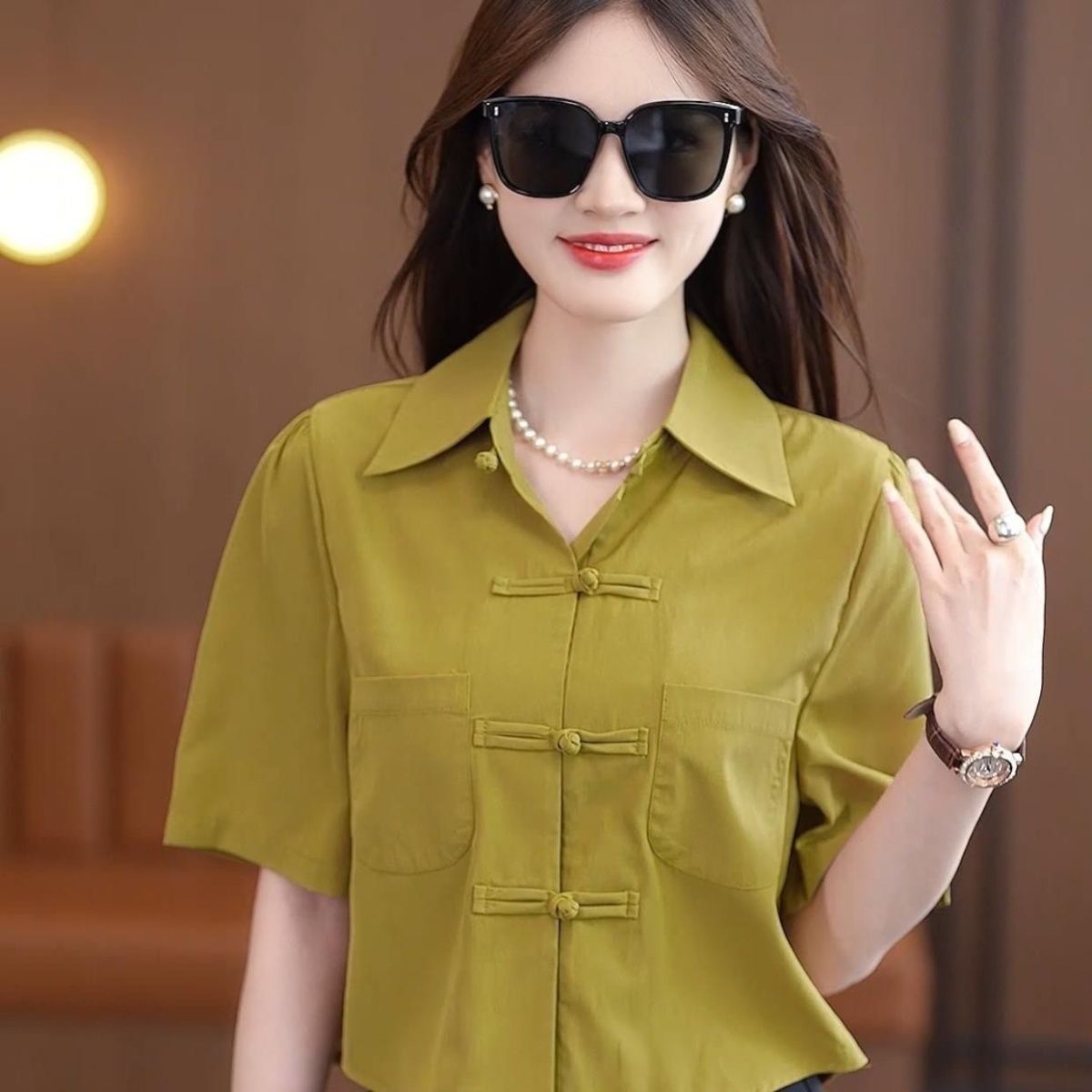 中国风夏季衬衫宽松纯色百搭衬衣气质半袖遮肚子盘扣上衣女士小衫