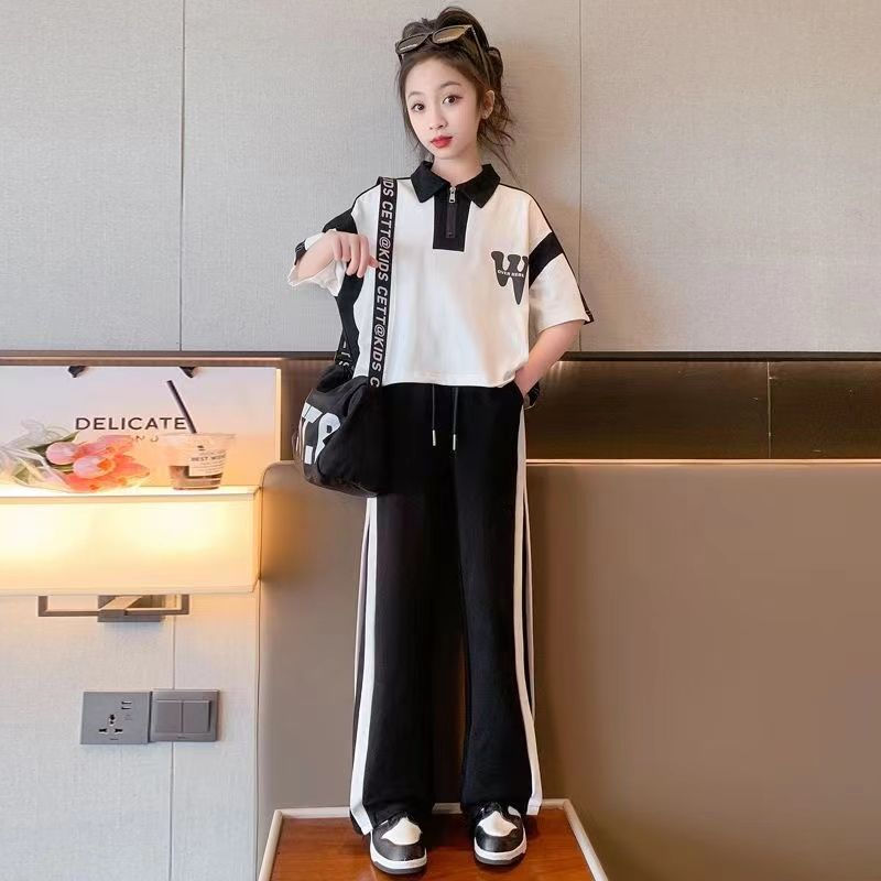 Girls Summer Suit 2023 New Korean Style Children's Sports Girls Loose Children's Wear Wide Leg Pants Casual Two-piece Set