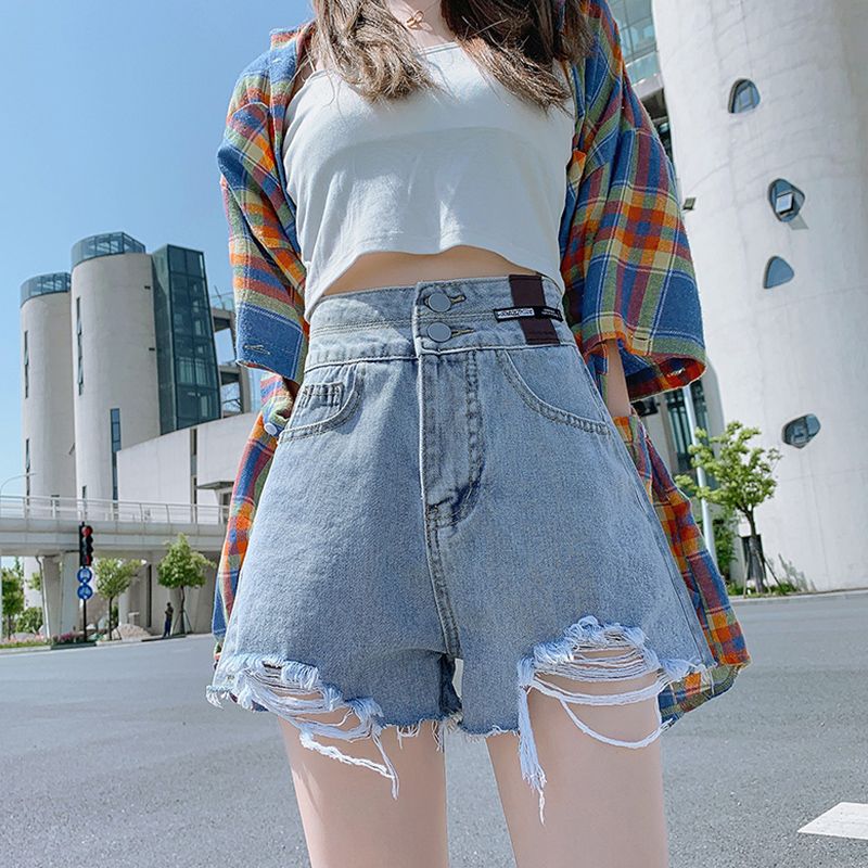牛仔短褲女2023年夏季薄新款闊腿毛邊直筒高腰顯瘦a字短褲熱褲子