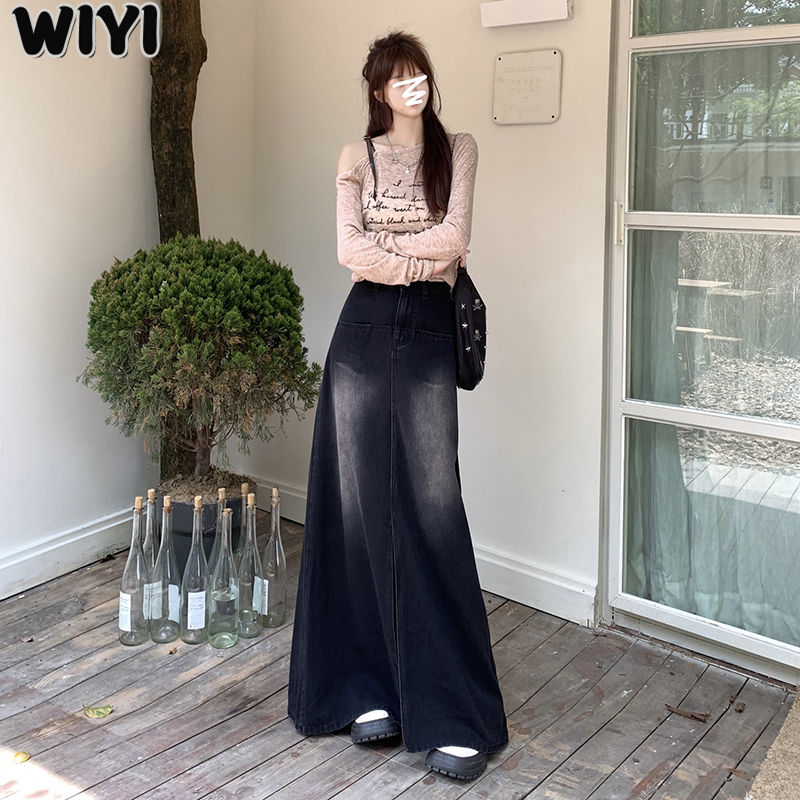 WIYI black and gray high waist slit denim skirt for women autumn and summer new style a-line hip slimming mid-length skirt