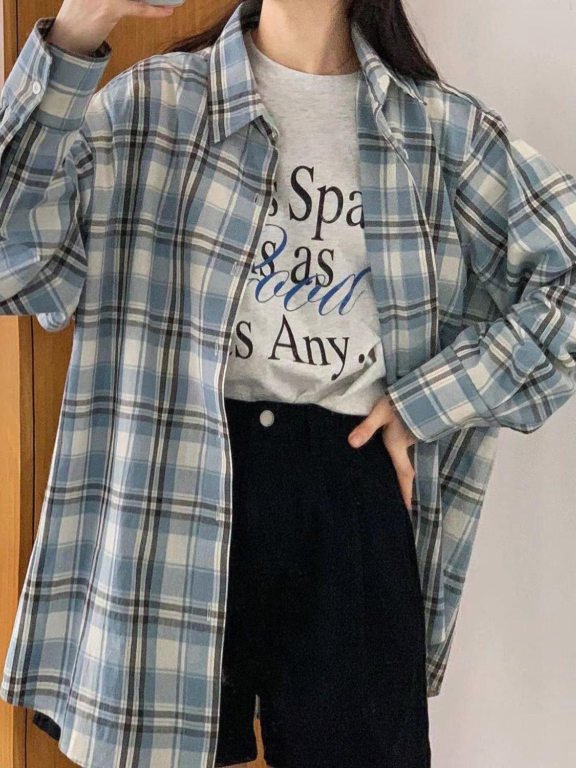 藍色格子襯衫女2023夏季薄款日系清新寬鬆休閒慵懶風防曬襯衣外穿