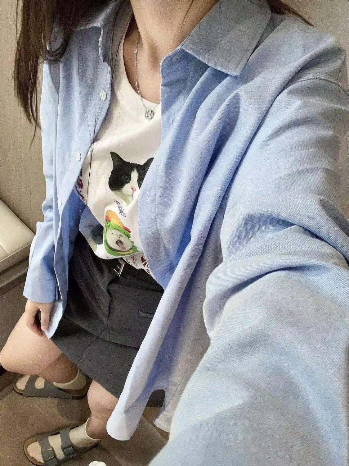日系清新藍色襯衫外穿女2023夏季新款寬鬆上衣百搭顯瘦襯衣防曬衫
