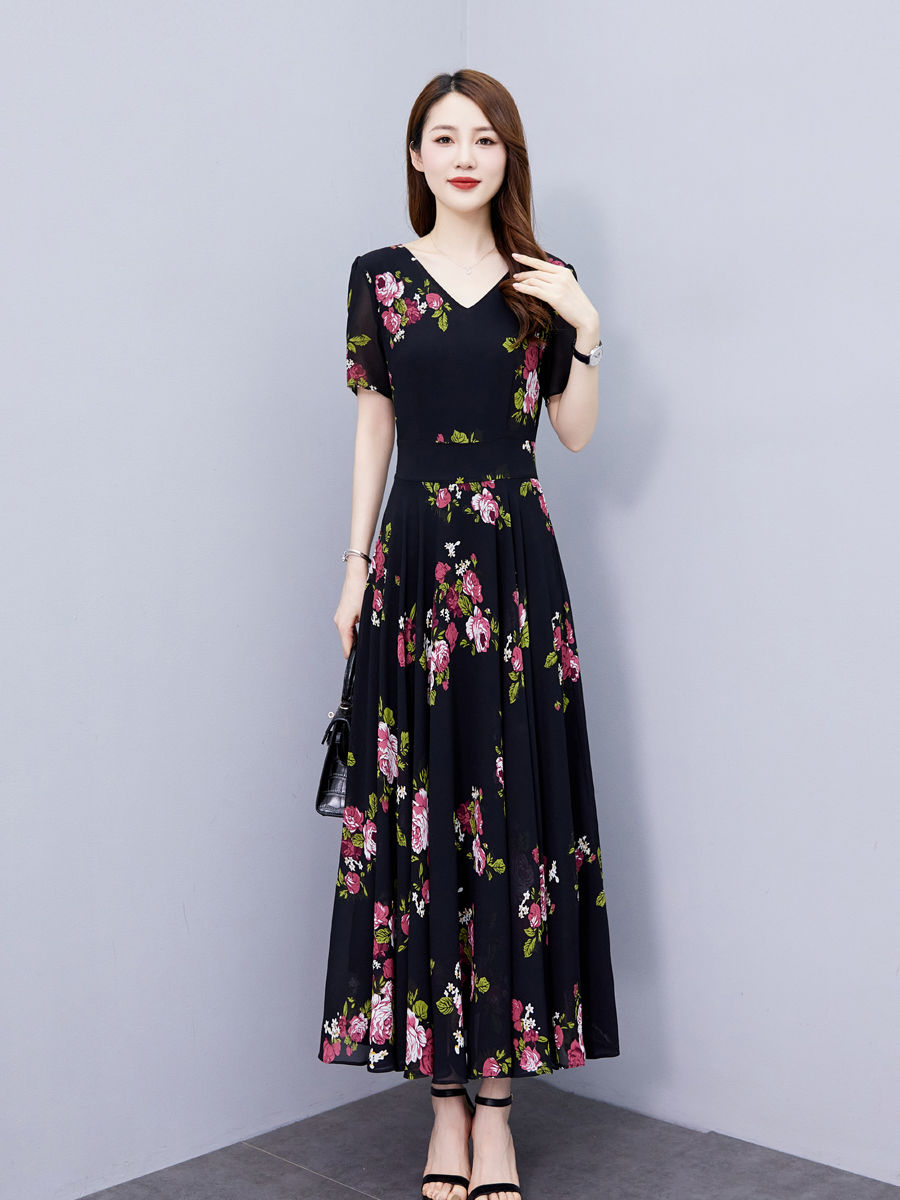 連衣裙女夏2023新款高檔洋氣雪紡碎花高腰修身顯瘦遮肚子氣質長裙