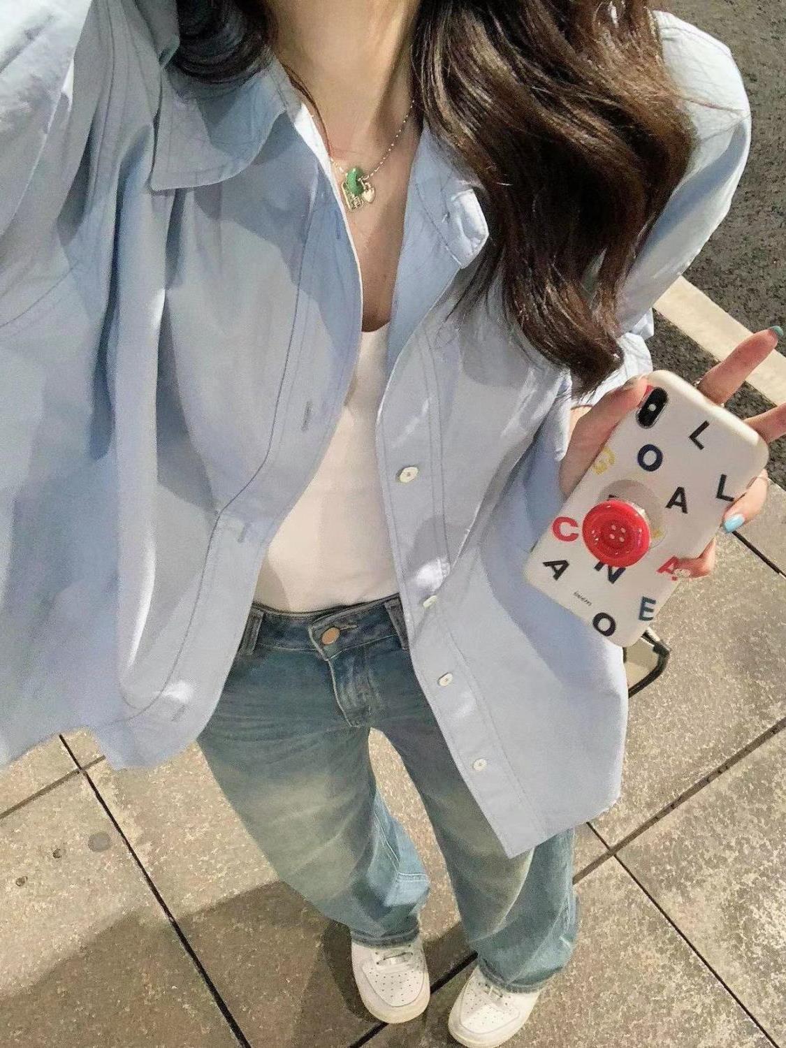 2023夏季多巴胺穿搭藍色純棉襯衫女個性日韓寬鬆百搭顯瘦防曬襯衣