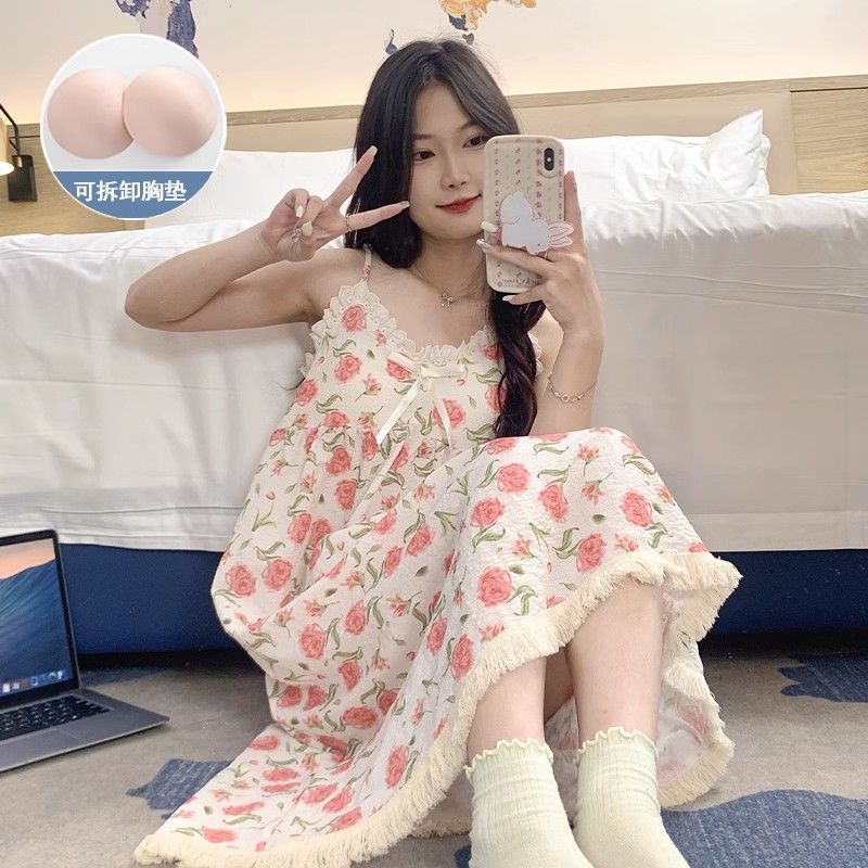 吊帶睡裙女夏季甜美棉墊梭織棉睡衣女士寬鬆夏天薄款家居服春秋款