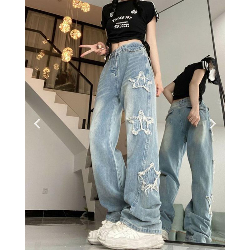 胖mm設計感星星貼布高腰牛仔褲女大碼高街直筒褲毛邊闊腿拖地長褲
