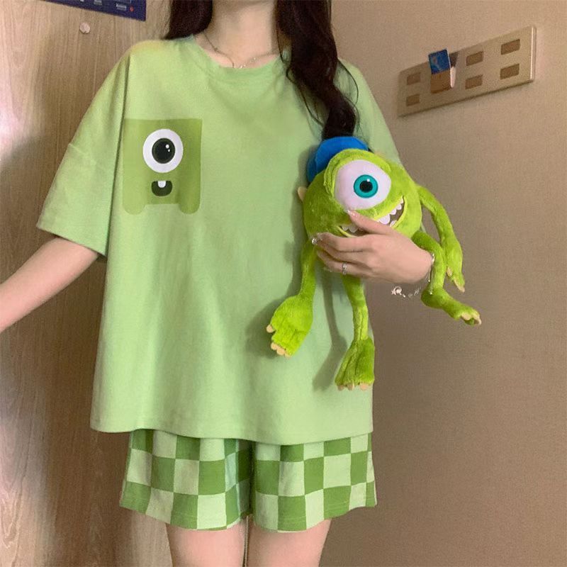 可愛睡衣女夏季天短袖大眼怪網紅風大碼2023年新款卡通軟妹家居服