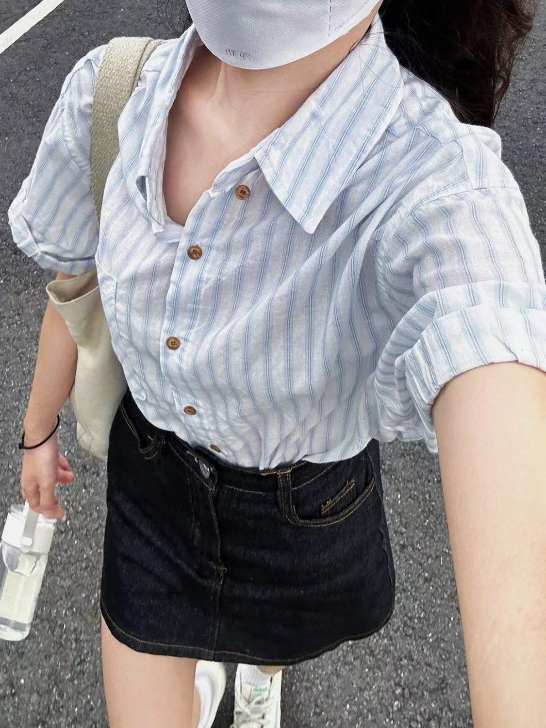 2023夏季薄款藍色條紋襯衫短袖女氣質時尚寬鬆休閒顯瘦襯衣外穿潮