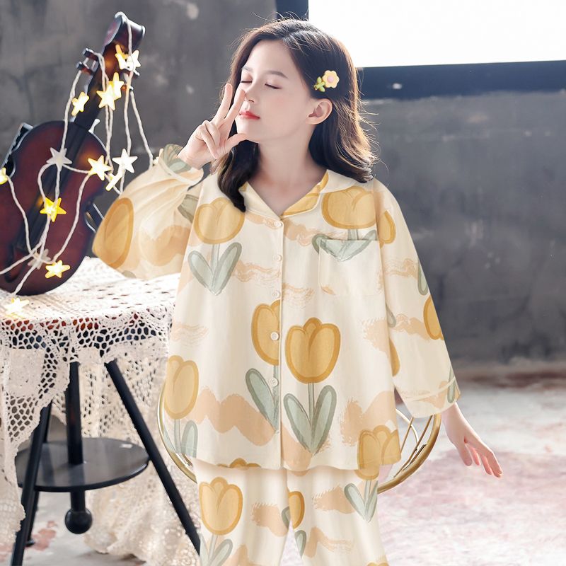 Girls Pajamas 2023 New Japanese Cute Flower Cotton Pajamas Little Girls Spring and Autumn Long Sleeve Home Clothes