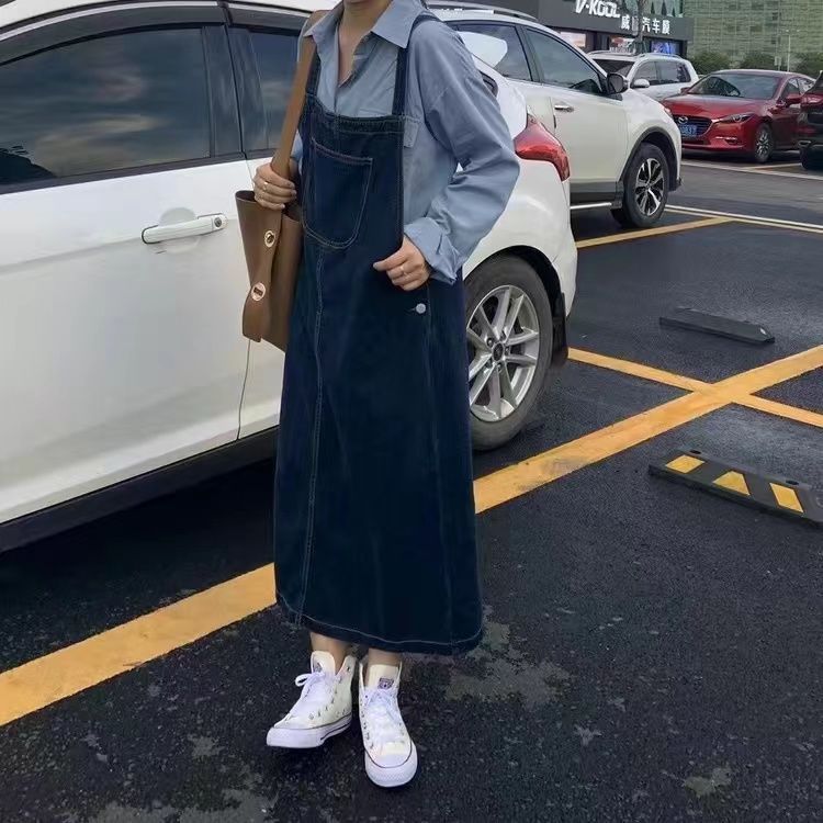 復古牛仔背帶裙女春秋2023新款時尚寬鬆顯瘦設計感百搭開叉長裙子