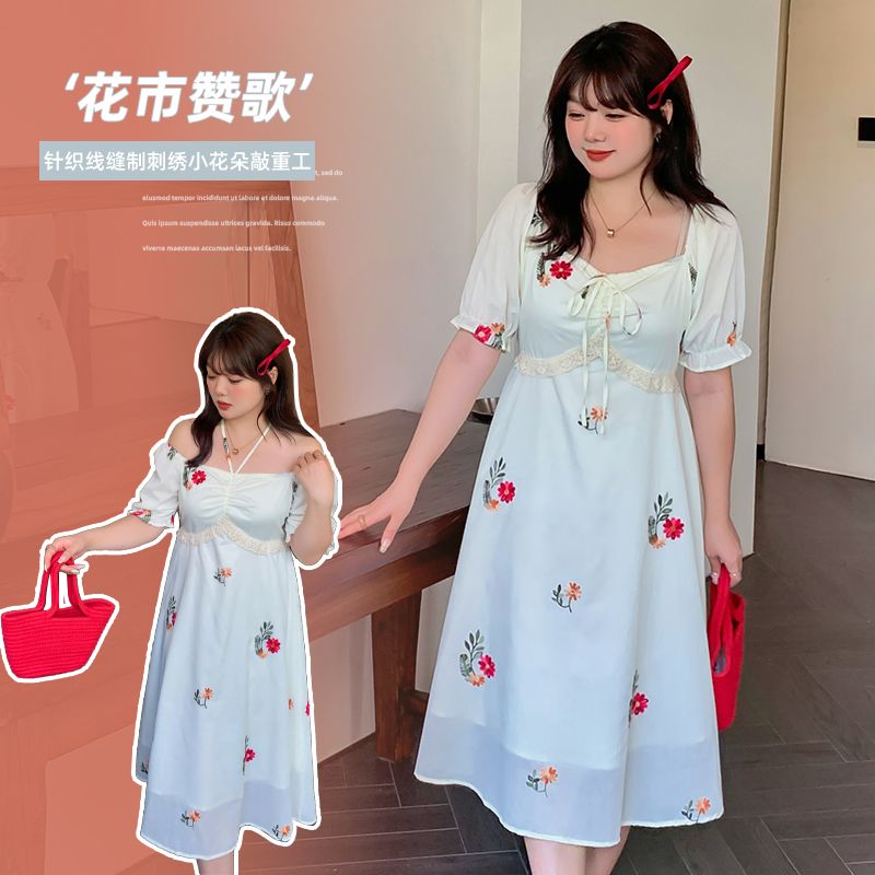 外穿 胖mm短袖連衣裙女2023夏季超仙新款甜美減齡顯瘦碎花裙A172
