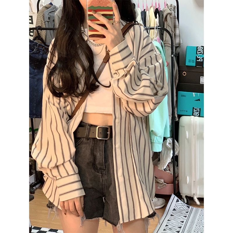 慵懶風復古韓系條紋襯衫女春秋季設計感長袖外搭寬鬆小眾上衣外套