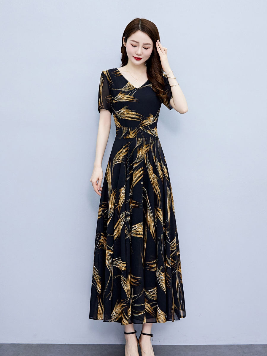 連衣裙女夏2023新款高檔雪紡印花氣質媽媽高級感大擺遮肚碎花長裙