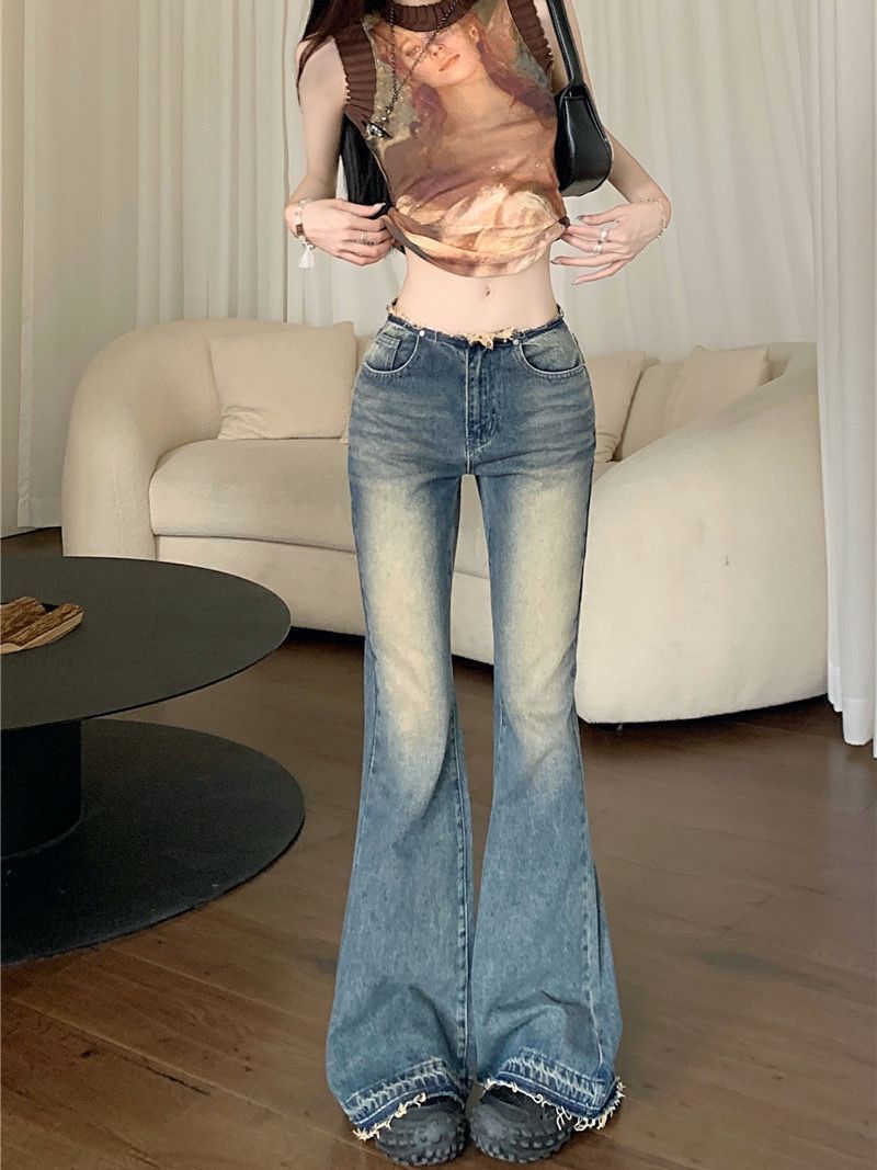 大碼復古港風低腰修身顯瘦微喇牛仔褲女胖mm純欲辣妹毛邊闊腿長褲