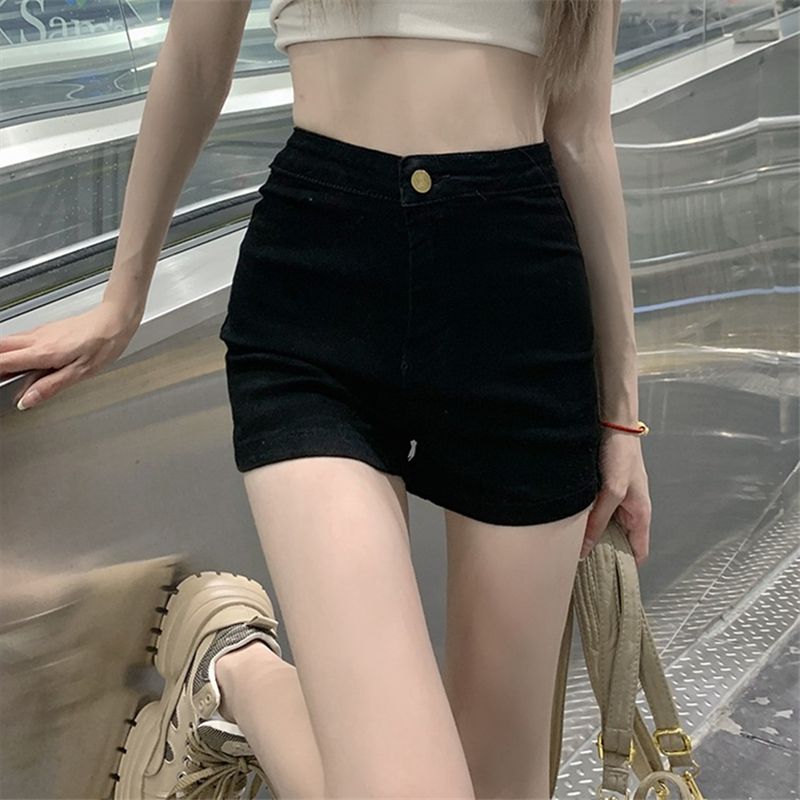 高腰彈力牛仔短褲女夏季2023新款性感緊身包臀顯瘦小個子黑色熱褲