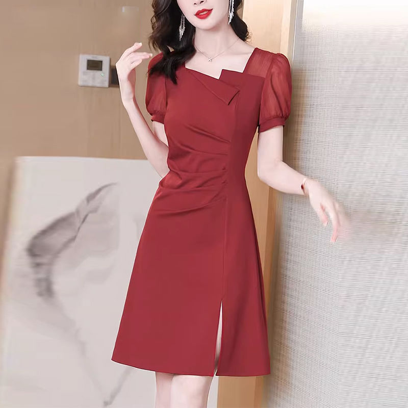 高級感連衣裙女夏2023新款顯瘦網紗短袖a字裙修身氣質酒紅色裙子
