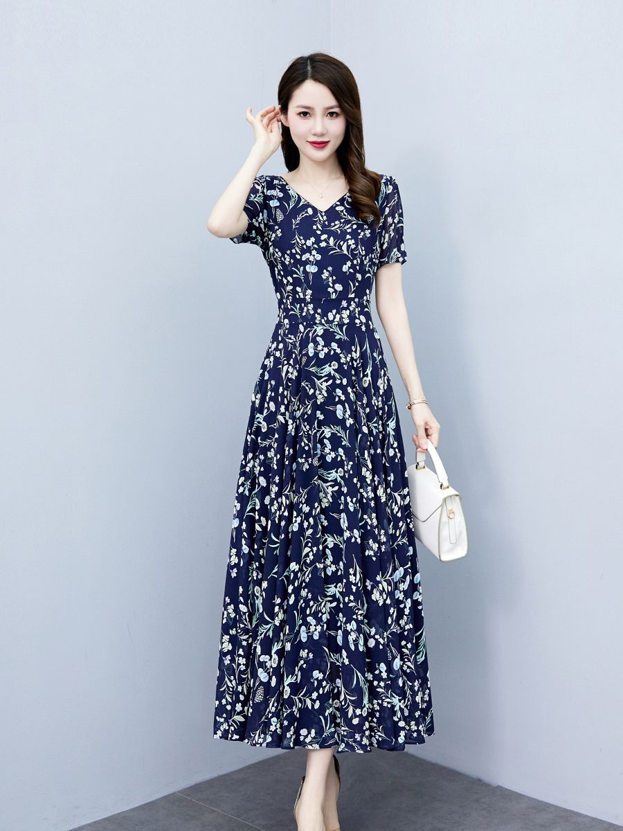 高檔連衣裙新款2023夏季雪紡碎花高腰修身顯瘦氣質優雅過膝長裙女
