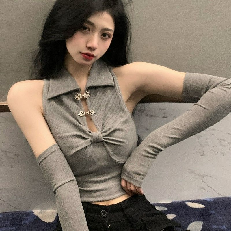 辣妹帶套袖polo領掛脖背心T恤女夏季純欲修身設計感小眾短款上衣