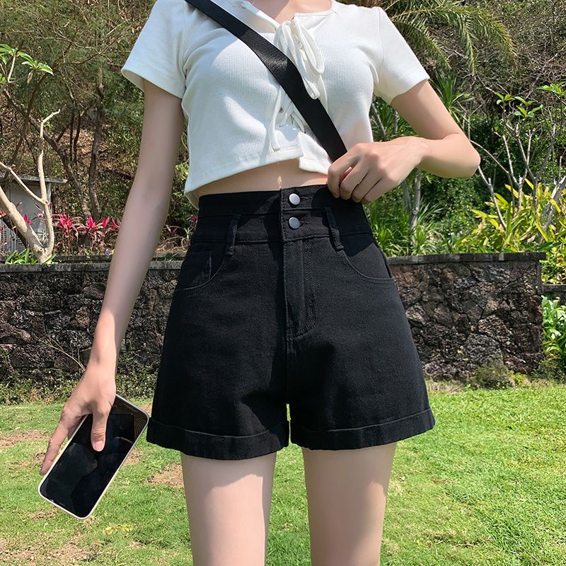 新款高腰顯瘦小個子短褲女夏牛仔2023年百搭寬鬆a字遮肉闊腿熱褲