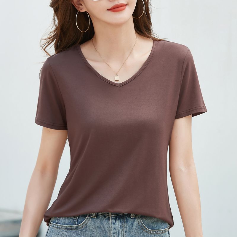 莫代爾短袖t恤女夏季寬鬆顯瘦V領上衣薄款冰絲雞心領半袖面膜體恤
