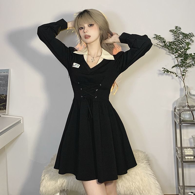 Spring and autumn thin polo collar shirt long-sleeved dress gentle style niche large size fat girl skirt