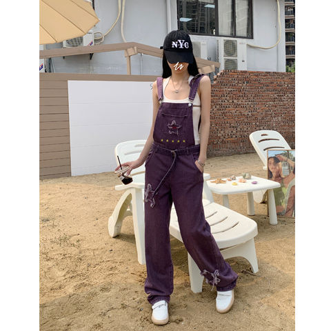 紫色牛仔背带裤女夏季韩版宽松学生可爱减龄盐系直筒阔腿连体裤子