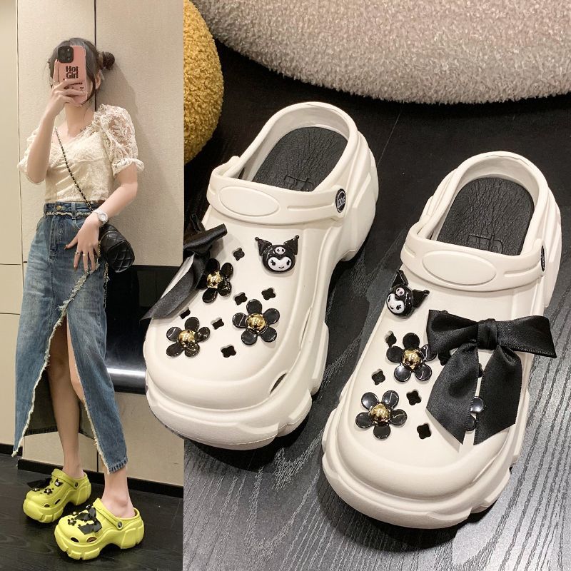 Sweet and Cool Cartoon Kuromi Croc Shoes Women's 2023 Summer Small Thick Sole Increased Treading Feeling Two-Wear Sandals