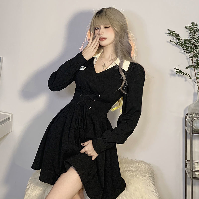 Spring and autumn thin polo collar shirt long-sleeved dress gentle style niche large size fat girl skirt