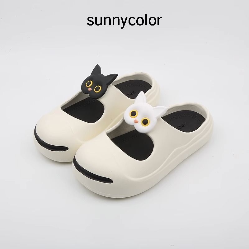 SUNNYCOLOR2023年新款黑白猫开口笑包头半拖鞋女夏外穿懒人凉拖鞋