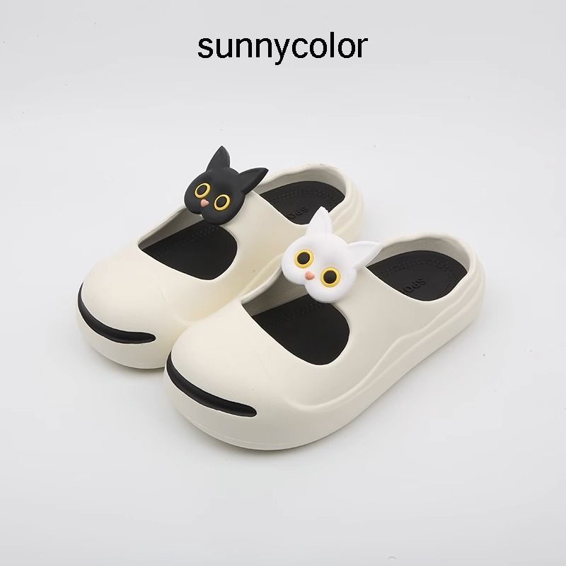 SUNNYCOLOR 2023 new black and white cat open smile Baotou half slippers for women summer outer wear lazy sandals