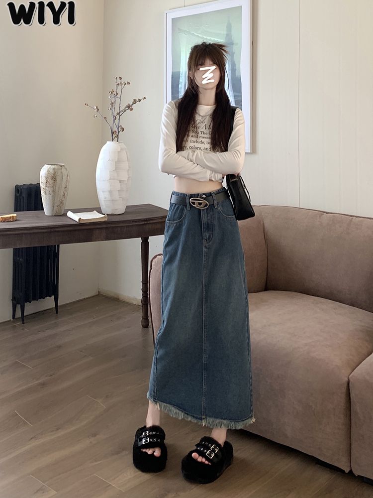 WIYI retro blue raw edge denim skirt for women autumn and summer new design high waist A-line mid-length skirt