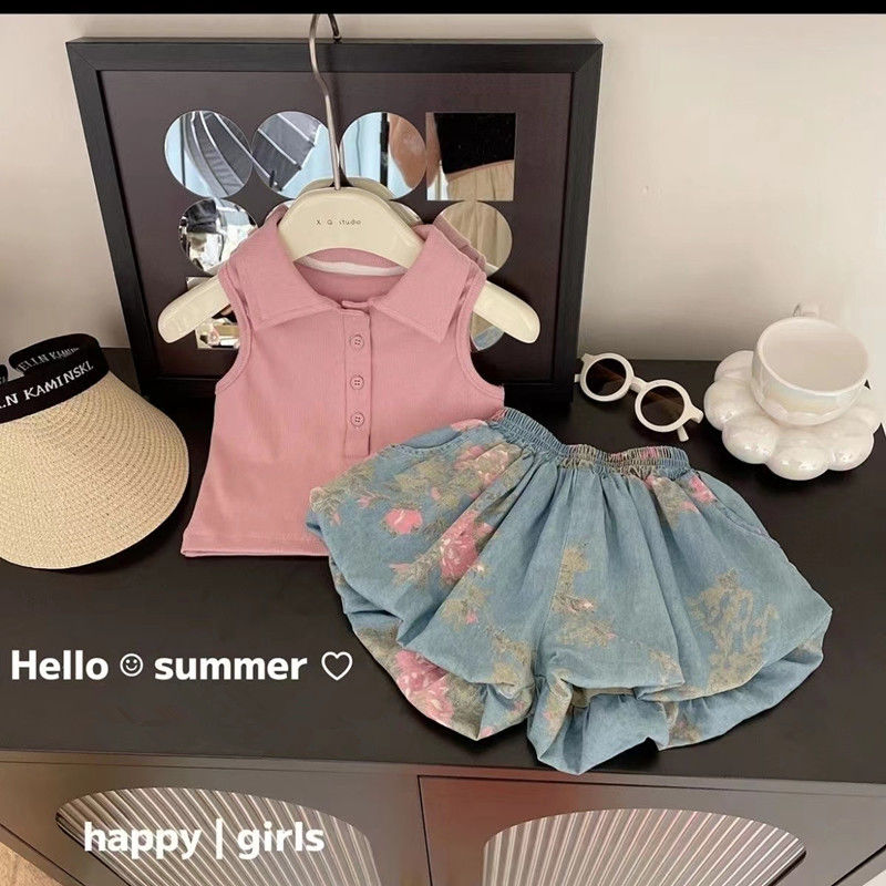 夏季女童韓版翻領純色背心女孩輕薄款碎花軟牛仔花苞短褲夏天套裝